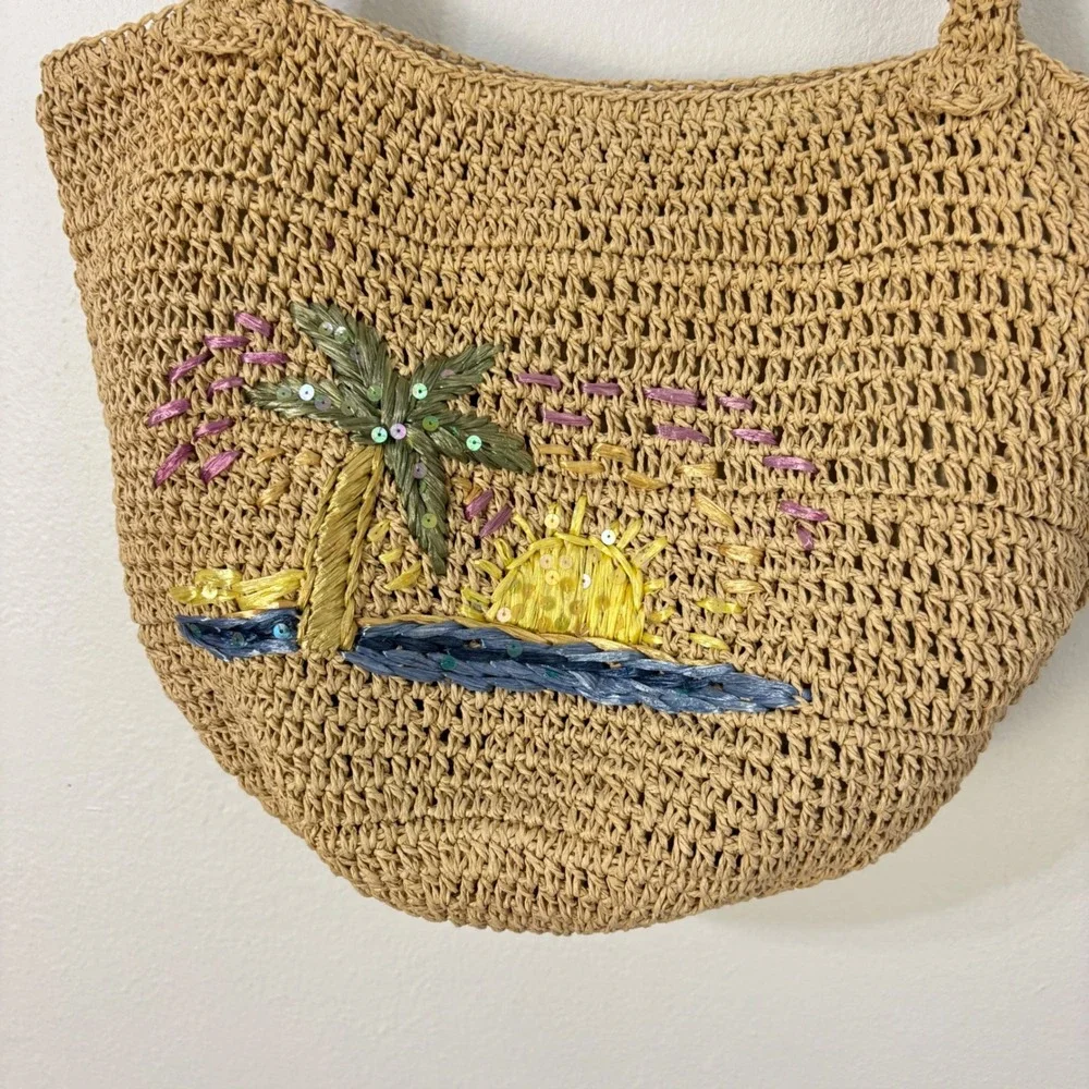 Woven Straw Tote Bag Tropical Beachy Embroidery Purse Vacation Resort Boho Women